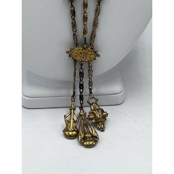 Vintage Signed ART Arthur Pepper VICTORIAN Style Necklace Gold 3 Tier Pendants - Picture 4 of 16